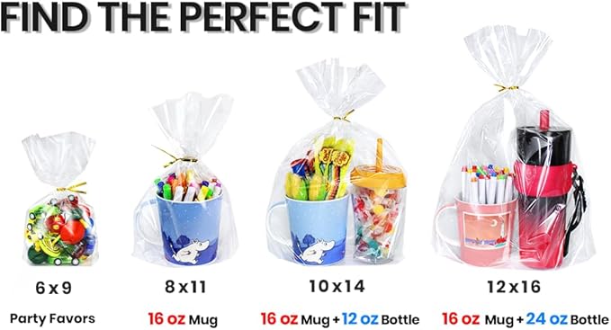 PigPotParty 6"x 9", 100Pcs Bottom Gusset Bags, Clear Plastic Cellophane Treat Goodie Bags with Ties for Party Favor, Candy, Cookie, Popcorn, Small Gift Wrapping (No Side Gusset)