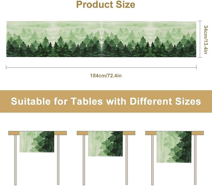 Foggy Forest Table Runner,Watercolor Wreen Misty Forest Landscape Table Runner for Kitchen Dining Table Home Party Decoration 13x108 Inch