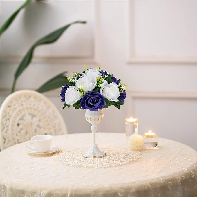BLOSMON Navy Blue Flowers for Centerpieces: 10 Pcs Artificial Roses Flower Balls for Wedding Table - Fake Silk Kissing Bouquet Floral Arrangement for Home Party Event Decoration