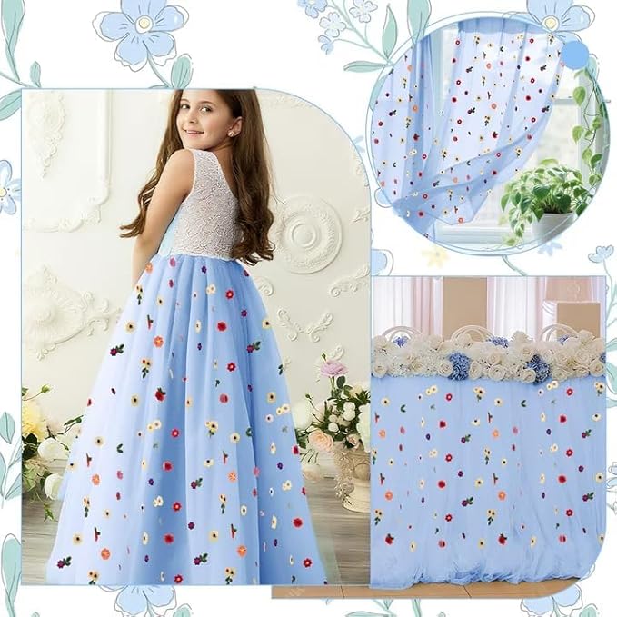 6PCS Blue Floral Table Runner 10 FT, Embroidery Daisy Table Runners Seasonal Sheer Tulle Table Runner for Thanksgiving Wedding Birthday Baby Shower Party 