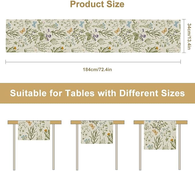 Floral Table Runner,Wildflower Spring Table Runner Seasonal Summer Butterfly Kitchen Dining Table Decoration for Home Party 13x108 Inch