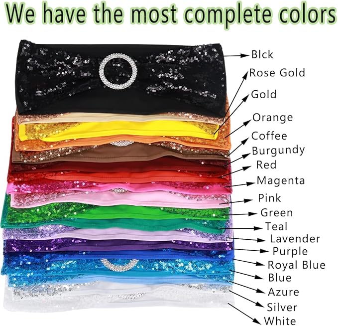 50 Pcs Sequin Chair Sashes Stretch Chair Bands Spandex Polyester Bows for Party Hotel Wedding Banquets Decoration -Gold