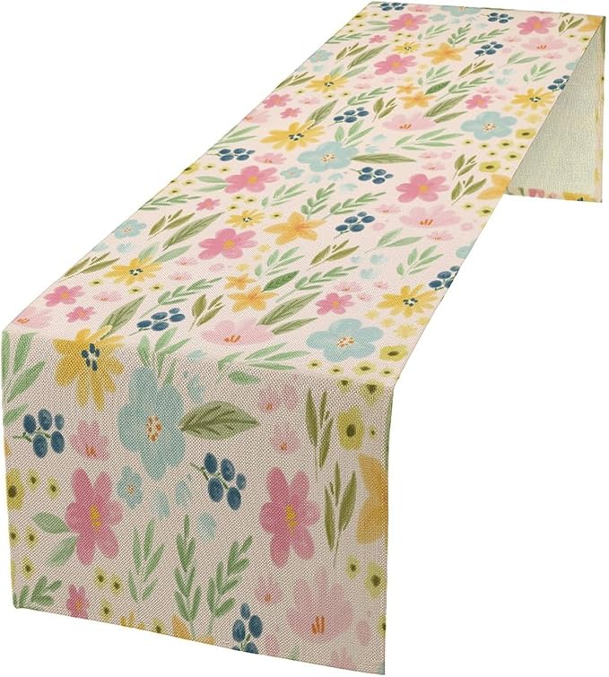 Floral Table Runner, Boho Style Watercolor Flower Green Leaf Plant Rectangle Table Decoration for Dining, Party, Holiday,13in(33cm) W * 120in(305cm) L