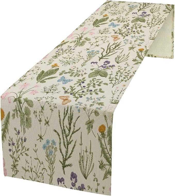 Floral Botanical Table Runner, Garden Spring Flower Botanical Butterfly Animal for Restaurant, Kitchen, Wedding, Party Rectangular Table Runner Decoration,13in(33cm) W * 60in(152cm) L
