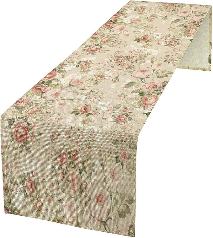 Lovely Rose Table Runner, Red and White Vintage Rose Delicate Floral Natural Pattern Long Table Restaurant Kitchen Holiday Party Decoration,13in(33cm) W * 72in(184cm) L