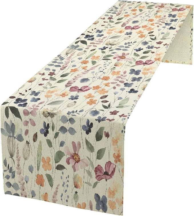 Watercolor Floral Table Runner, Vintage Colorful Floral Natural Style Pattern Decorative Home Restaurant Kitchen Rectangle Table Runner,13in(33cm) W * 108in(274cm) L