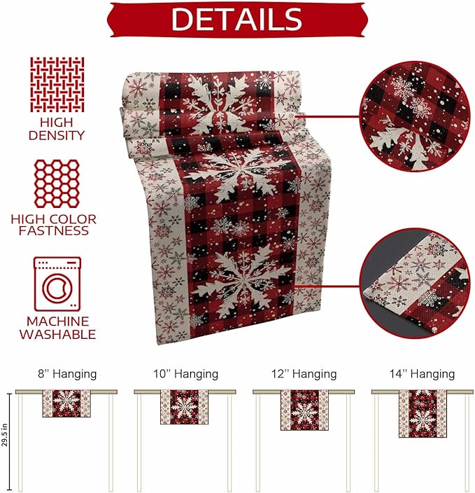 Buffalo Plaid Christmas Cotton Linen Table Runner for Dining Kitchen, Snowflake Red Black Check Wedding Outdoor Party Tablerunner Decoration, Retro Dresser Scarf Coffee Tablecloth Runners 13x90 Inches