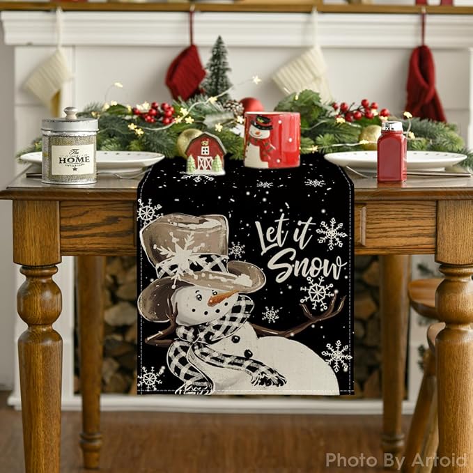 Artoid Mode Black Snowman Snowflake Let it Snow Winter Table Runner, Christmas Kitchen Dining Table Decoration for Home Party Decor 13x120 Inch