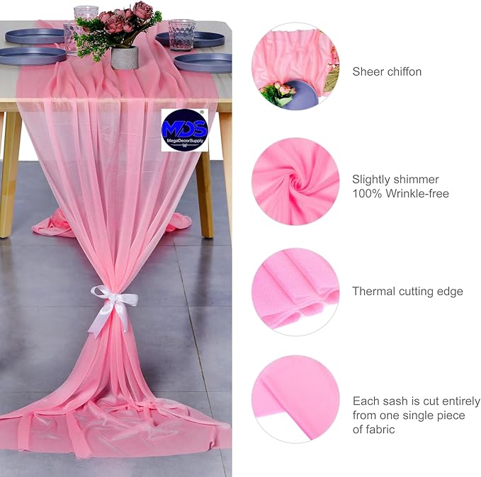 MDS 20 Pack 10ft Chiffon Table Runner 29 x 120 Inches Sheer Wedding Runner Romantic Rustic Table Runner for Wedding Decorations, Birthday Parties, Bridal Shower Party Arch Decor - Coral