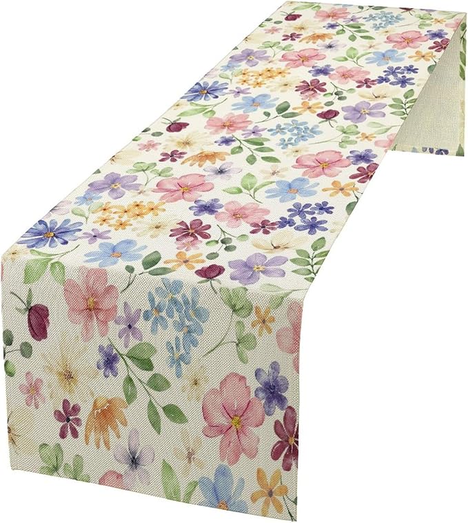 Floral Decorative Table Runner, Watercolor Floral Botanical Rustic Modern Style Pattern Printed Long Table Runner for Restaurant Kitchen Party,13in(33cm) W * 36in(92cm) L