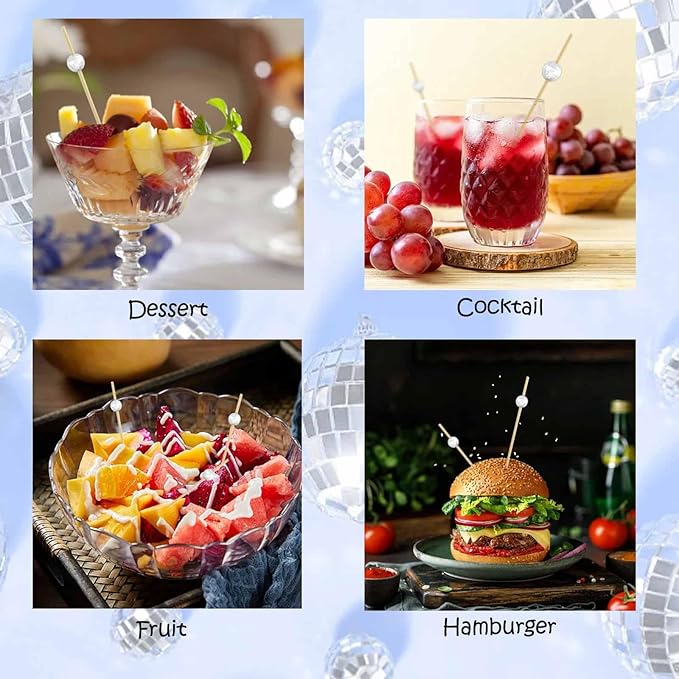 120 Pcs Glitter Ball Cocktail Picks 4.7" Drinks Fruits Hawaiian Party Food Garnish Skewer Sticks Halloween Decorations Supplies Cowboy Handmade Bamboo Toothpicks