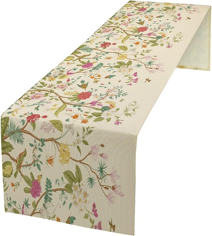 Floral Table Runner, Vintage Birds Wildflowers Herbs Nature Theme Linen Long Table Kitchen Dining Table Holiday Party Decorative Table Runner,13in(33cm) W * 60in(152cm) L