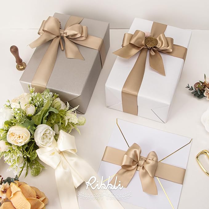 Ribbli Champagne Satin Ribbon 1-1/2 Inch x 4 Rolls Total 40 Yards-Ivory Champagne Purple Ribbon for Gift Wrapping Craft Wedding Decoration