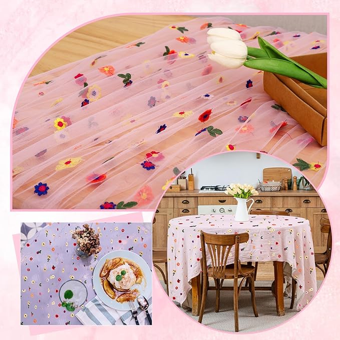 6PCS Pink Floral Table Runner 10 FT, Embroidery Daisy Table Runners Seasonal Sheer Tulle Table Runner for Thanksgiving Wedding Birthday Baby Shower Party 