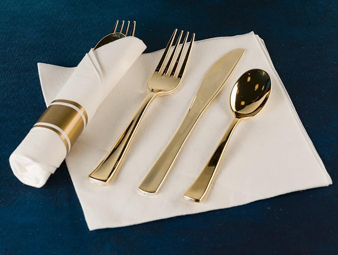Gold Plastic Silverware Set, 160 Count, Extra Heavy Duty Flatware, Disposable Cutlery Utensils, 80 Forks, 40 Spoons, 40 Knives, Polished Gold, Bulk Pack