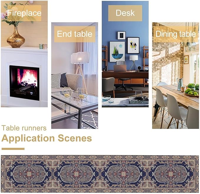 Boho Floral Vintage Table Runner, Blue Purple Retro Flower Rustic Country Farmhouse Pattern for Home Kitchen Table Decor Dining Coffee Room Party Decor 13x36in