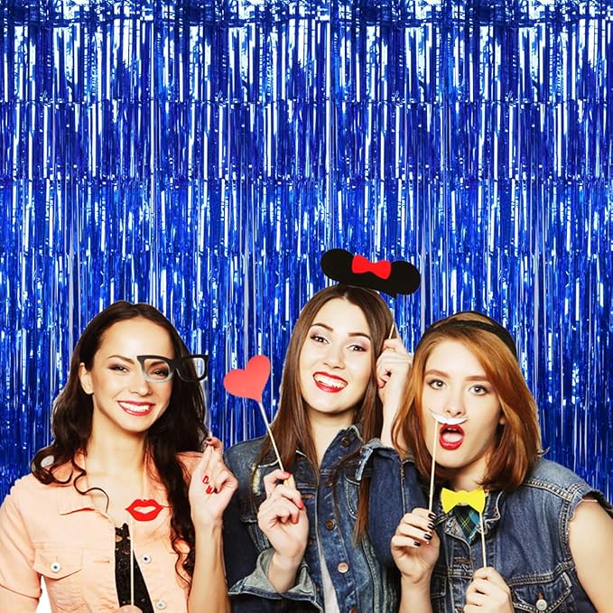 BTSD-home Blue Foil Fringe Curtain, Metallic Photo Booth Backdrop Tinsel Door Curtains for Wedding Birthday Bridal Shower Baby Shower Bachelorette Christmas Party Decorations(4 Pack, 8ft x 3ft)