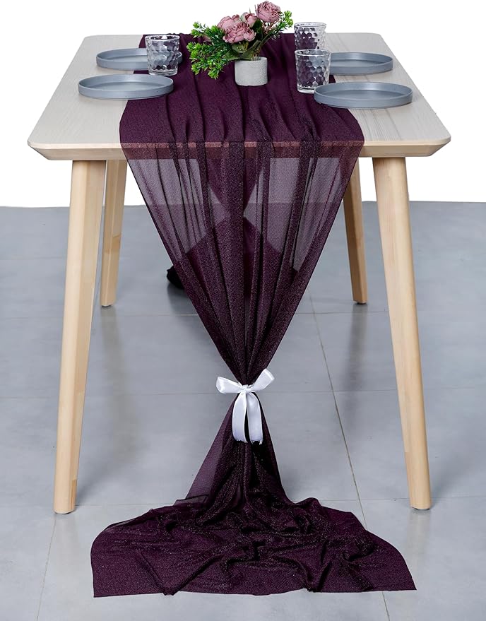MDS 20 Pack 10ft Chiffon Table Runner 29 x 120 Inches Sheer Wedding Runner Romantic Rustic Table Runner for Wedding Decorations, Birthday Parties, Bridal Shower Party Arch Decor - Eggplant