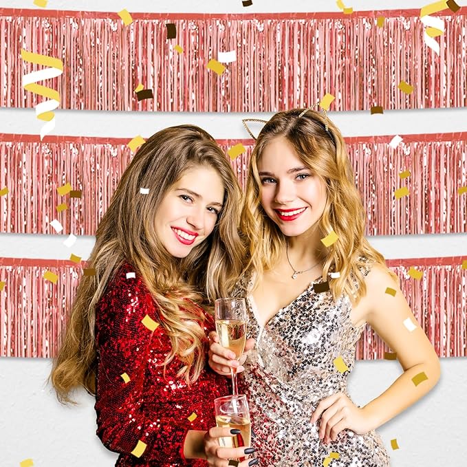 4 Pack 10 Feet Rose Gold Foil Fringe Garland Metallic Tinsel Streamers Banner Wall Hanging Curtain Backdrop for Parade Floats, Wedding, Graduate, Mother's Day, Birthday Party Decoration