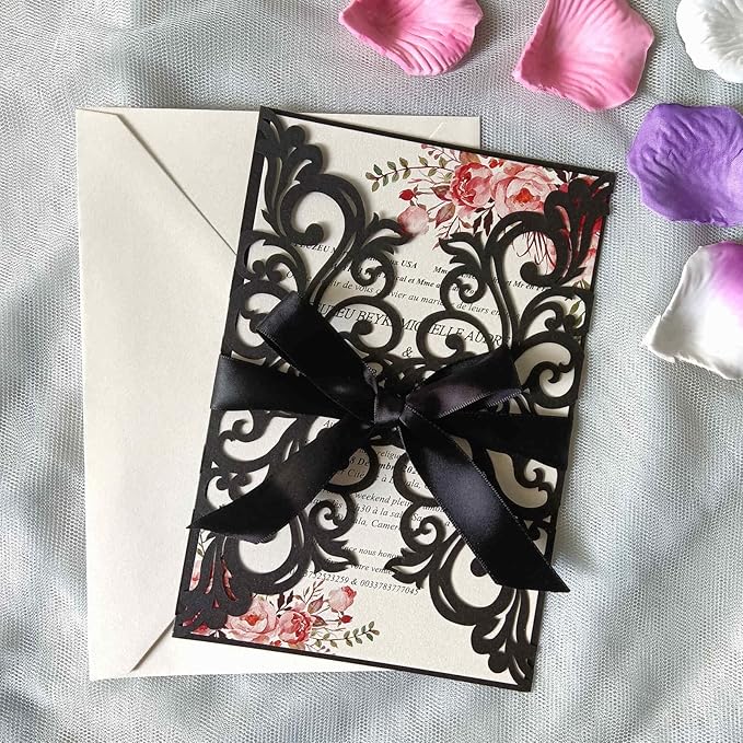25PCS Laser Cut Wedding Invitations Cards with Envelopes,Blank Inner Sheets,Ribbons for Wedding Bridal Shower Quinceañera Engagement Birthday Invites, pearl black