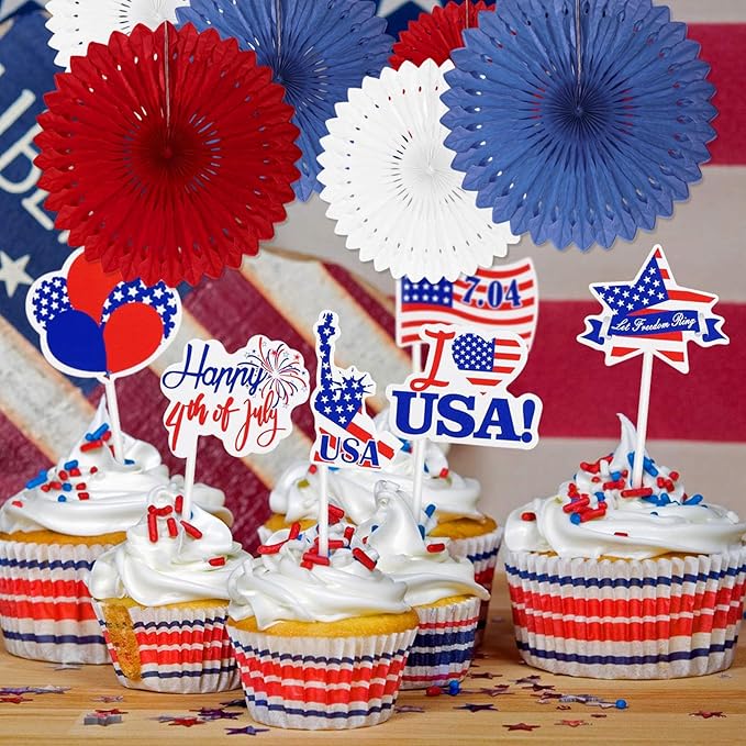 4th of July Patriotic Decorations, 18 Pcs Red White Blue Hanging Honeycomb Paper Fans, Round Paper Fan Decorations for American Fourth of July Memorial Day Independence Day Events Party Supplies