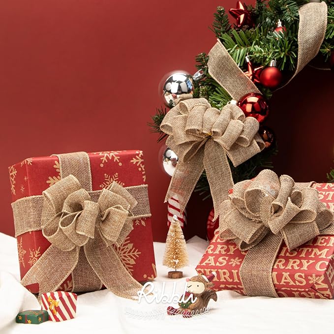 Ribbli Burlap Wired Edge Ribbon,1-1/2 Inch x 10 Yard,Natural,Solid for Big Bow,Wreath,Tree, Outdoor Decoration