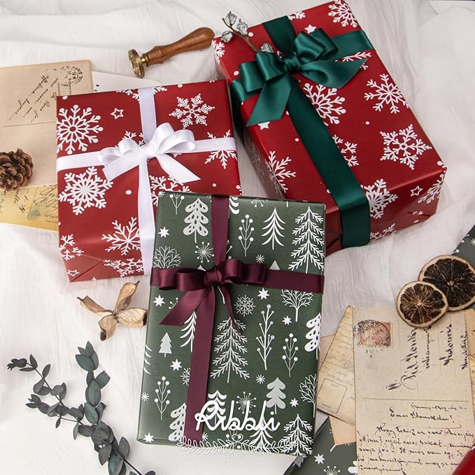 Ribbli Christmas Wrapping paper Reversible Snowflake and Christmas Tree Red Green Gift Wrapping Paper-17 Inch x 33 Feet Per roll