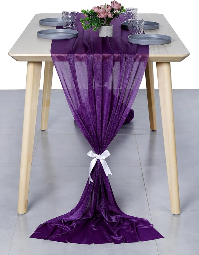 MDS 25 Pack 10ft Chiffon Table Runner 29 x 120 Inches Sheer Wedding Runner Romantic Rustic Table Runner for Wedding Decorations, Birthday Parties, Bridal Shower Party Arch Decor - Cadbury Purple