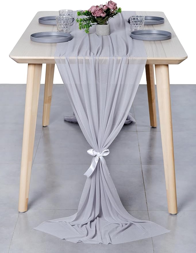 MDS 5 Pack 10ft Chiffon Table Runner 29 x 120 Inches Sheer Wedding Runner Romantic Rustic Table Runner for Wedding Decorations, Birthday Parties, Bridal Shower Party Arch Decor - Cool Gray