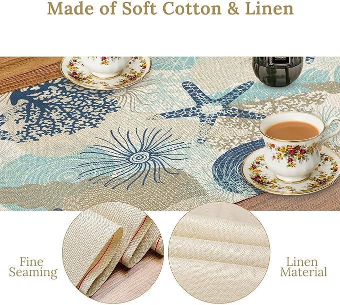 Nautical Coastal Table Runner,Ocean Themed Starfish Coral Conch Beach Kitchen Dinning Table Decoration for Indoor Outdoor Home Party Decor 13x120 Inch