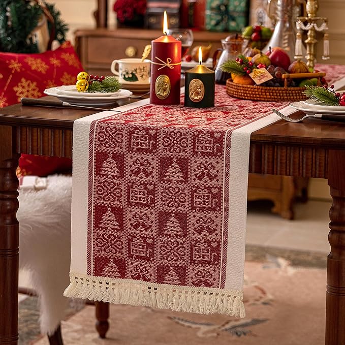 Table Runners 72 Inches,Christmas Tree Table Runner with Tassel Fringe,Gift Table Runner for Party,Coffee Table, Festival