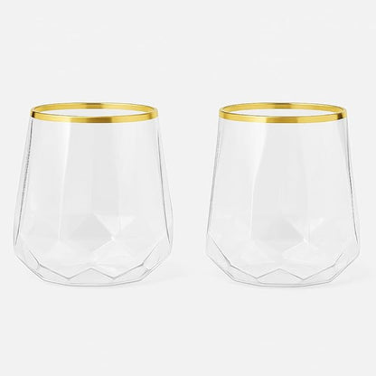 40 count Diamond Unbreakable Stemless Plastic Wine Champagne Whiskey Glasses Elegant Durable Disposable Indoor Outdoor Home office wedding bars 12 Ounce (Classic Old Fashioned Gold Rim)