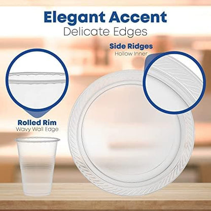 780 Piece Disposable Clear Tableware Set for 120 Guests By StockHomery- Microwavable Plastic Dinnerware Set of 120 9” Plates, 180 6” Dessert Plates, 120 9oz Cups,120 Spoons, Forks, Knives,