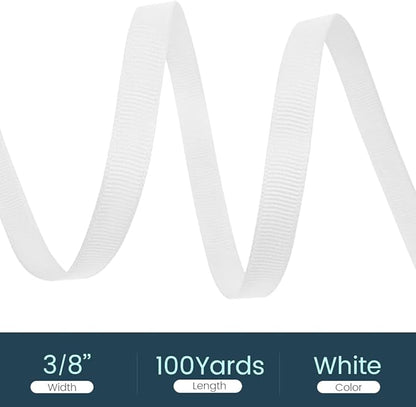 3/8" X 100 Yards White Grosgrain Ribbon, Premium Grosgrain Ribbon for Sewing, Gift Wrapping, Bow Making, Wedding Decor, Wrapping and More (White)