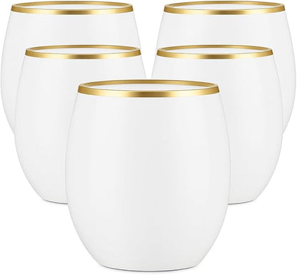 40 count Unbreakable Stemless Plastic Wine Champagne Whiskey Glasses Elegant Durable Disposable Indoor Outdoor Ideal for Home, Office, Bars, Wedding, 12 Ounce Cups Gold Rim (White Matte Gold)