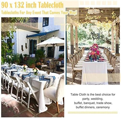 10 Pack Polyester Tablecloths, White 90 x 132 Inch Polyester Table Cloth for 8 Foot Rectangle Tables, Stain and Wrinkle Resistant Washable Fabric Table Cover for Wedding Banquet Restaurant Party