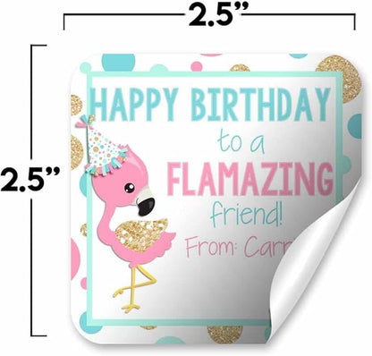Custom & Personalized FLAMAZING Flamingo Happy Birthday Gift Tag Sticker Labels, 24 2.5" Square Stickers by Amanda Creation