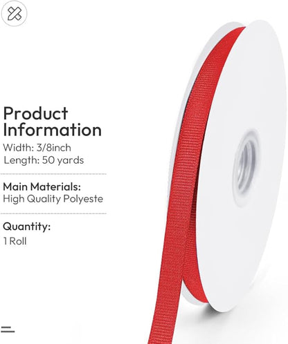3/8" X 50 Yards Red Grosgrain Ribbon, Premium Grosgrain Ribbon for Sewing, Gift Wrapping, Bow Making, Wedding Decor, Wrapping and More (Red)