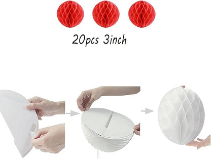 20pcs Honeycomb Decoration - Paper Flower Balls, Tissue Pom Poms for Birthday Wedding Home Decor (3inch, Red)