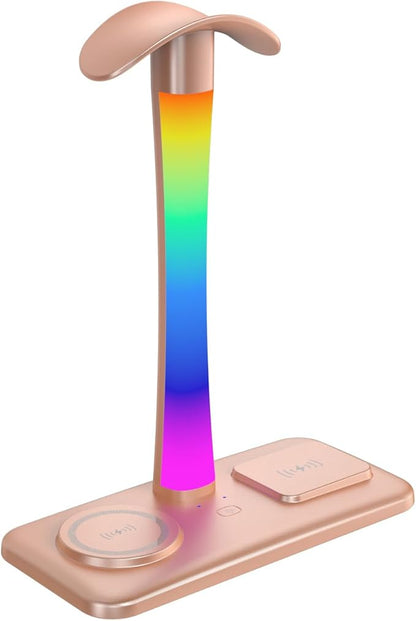 Headphone Stand with Wireless Charger,Gaming HeadsetStand with RGB Light Mode,Airpod MaxStand Compatible with Airpod Pro/3/2,iPhone 16/15/14/13/12/11,Samsung,Gifts for Gamers & Music Lover (Gold)