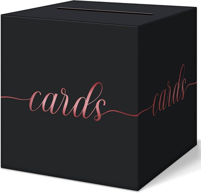 QIKSION Black Wedding Card Box, Rose Gold Foil Gift Card Box for Party, Wedding Reception, Graduation, Birthday, Baby Shower, Raffle