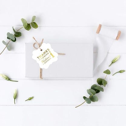 Andaz Press Personalized Fancy Frame Square Birthday Gift Tags, Metallic Gold Ink, Thanks for Coming to My 1st Birthday, 24-Pack, Custom Made Name