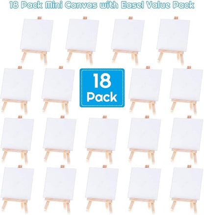 Mini Canvases 18 Pack, Cridoz Small Painting Canvas with Mini Easel 4x4 Inches Art Canvases Painting Kit for Kids Teenagers Acrylic Pouring Oil Water Color