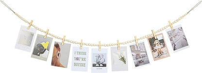 Hanging Photo Display Wall Decor, Boho Wooden Bead Garland Collage Picture Frame with 9 Wood Clips for Bedroom, Living Room, Office, Dorm Decor, Photos Holder Christmas Cards Teen Girl Gifts