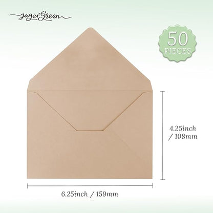 50 Pack 4x6 Envelopes Letter Size, Brown A4 Envelopes Self Seal for Wedding Invitation, Envelope 4.3x6.3 for Greeting Cards, Photos, Baby Shower, Graduation, Thank You Cards, Announcements
