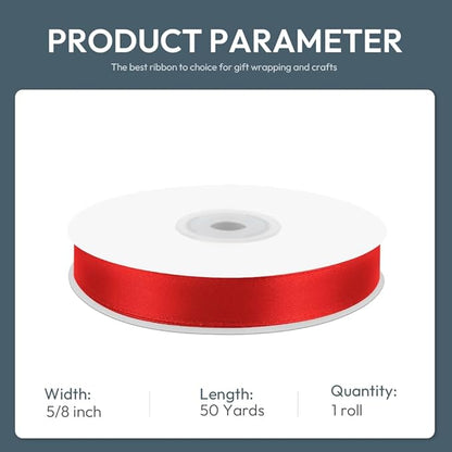 KMER LIFE 5/8" Wide x 50 Yards Red Single Faced Polyester Satin Ribbon for Wedding Decor, Wreath, Crafts, Gift Wrapping & Other Projects