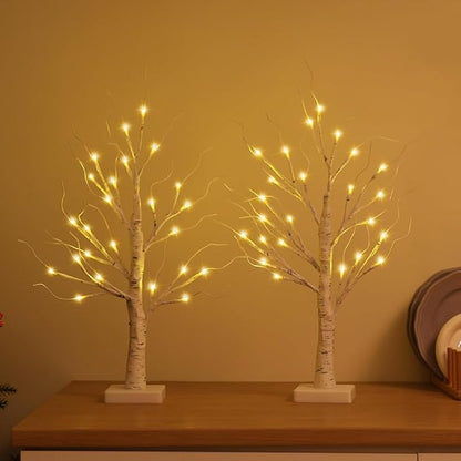 2FT Lighted Birch Tree,Christmas Decorations for Indoor,Table Top Christmas Trees with Lights,Dual Power USB or Battery,Lighted Tree for Winter Holidays Halloween Wedding Decor Set of 2