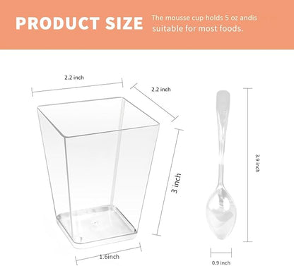 50 Pack 5 oz Clear Plastic Square Dessert Cups with Spoons，Mini Disposable Parfait Cups for Yogurt, Ice Cream and Tasting，Serving Cups for Appetizer，Pudding，Party (5 oz)