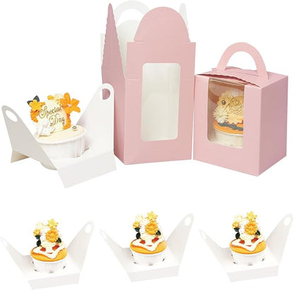 Bakepacker Auto-pop up Individual Cupcake Boxes with Window 25 Count Pink Single Cupcakes Box 3.6 x 3.6 x 4.3inch Cupcake Carrier