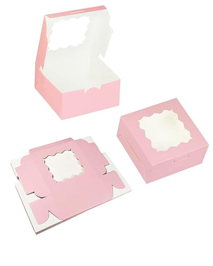 Bakepacker 100pcs Pink Cookie Boxes 6x6x3 inches Easy Assemble Macaroon Pastry Boxes Bakery Boxes with Window for Bakery